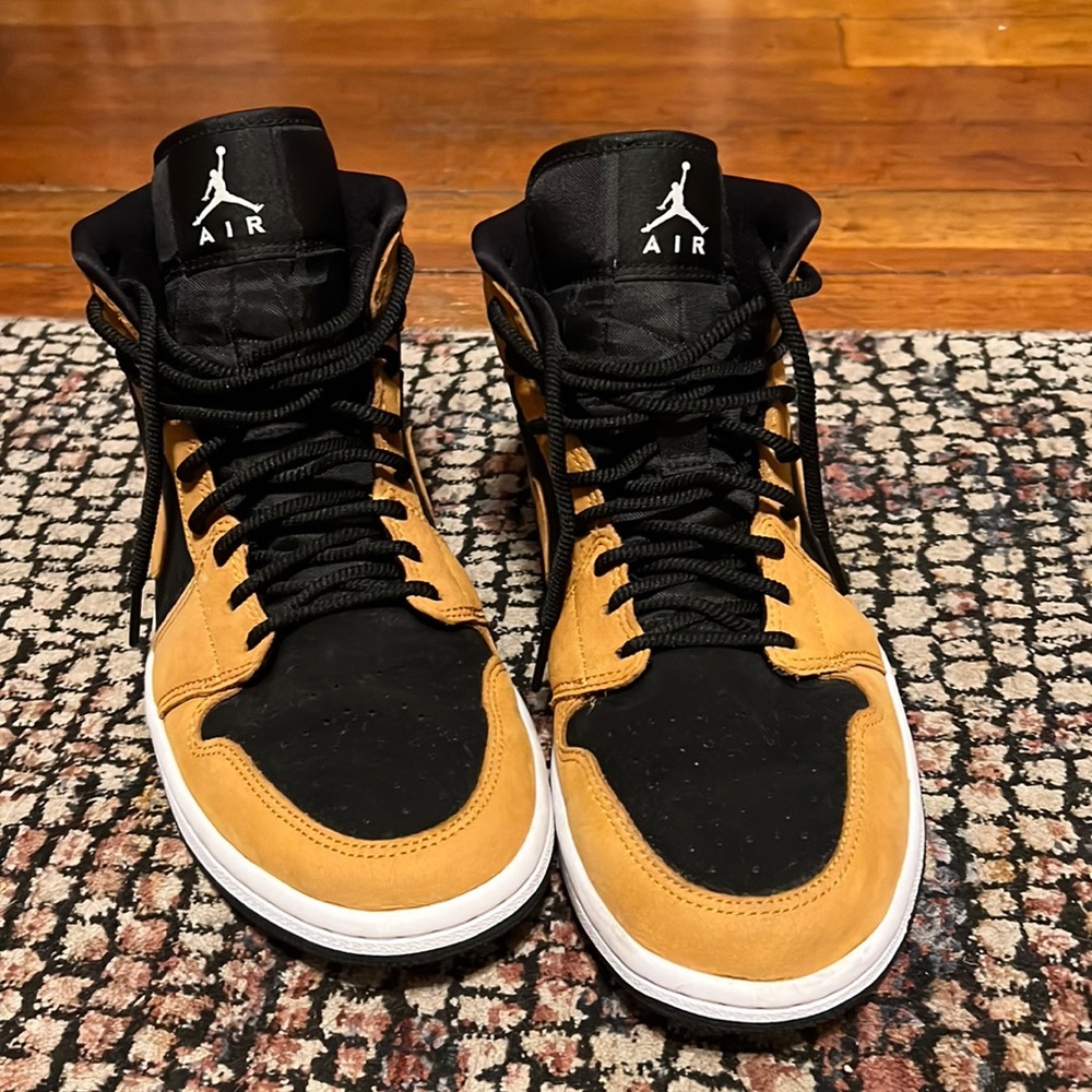 Gently worn suede camel and black Jordan 1 mid tops